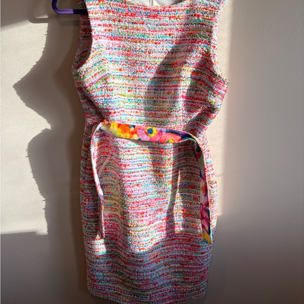 Curete Designer Sleeveless Colorful Tweed Dress with Belt